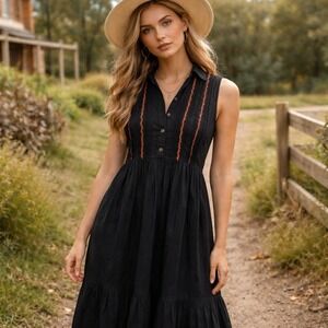 April Cornell Black Midi Dress Size Small Embroidered Sleeveless | Cottage Folk